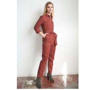 Six Crisp Days Rust 3/4 Sleeve Button Down Belted Linen Blend Doma Jumpsuit Sz M